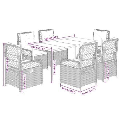 7-delige Tuinset met kussens poly rattan grijs