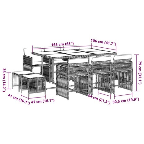11-delige Tuinset met kussens poly rattan grijs
