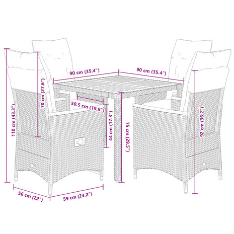 5-delige Tuinset met kussens poly rattan grijs