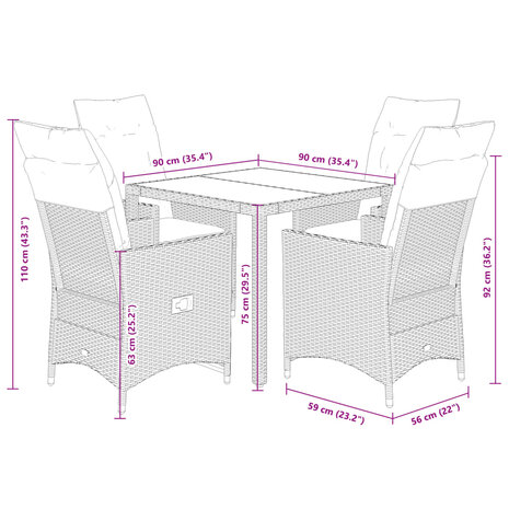 5-delige Tuinset met kussens poly rattan grijs