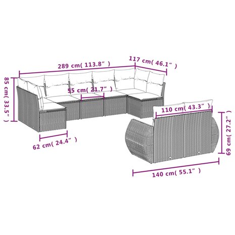 9-delige Loungeset met kussens poly rattan bruin