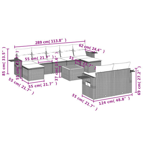 10-delige Loungeset met kussens poly rattan zwart