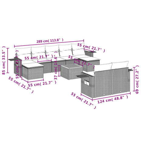 10-delige Loungeset met kussens poly rattan zwart