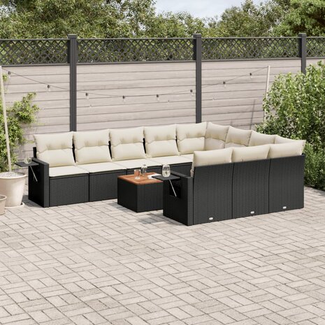 11-delige Loungeset met kussens poly rattan zwart