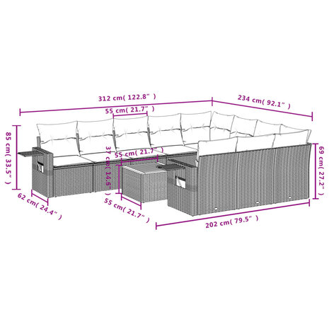 11-delige Loungeset met kussens poly rattan zwart