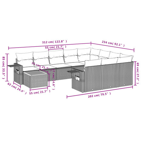 11-delige Loungeset met kussens poly rattan zwart