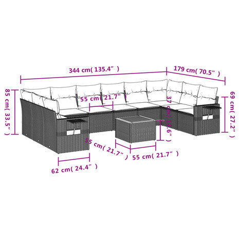 11-delige Loungeset met kussens poly rattan zwart