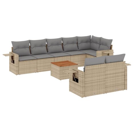 9-delige Loungeset met kussens poly rattan beige