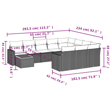 11-delige Tuinset met kussens poly rattan beige