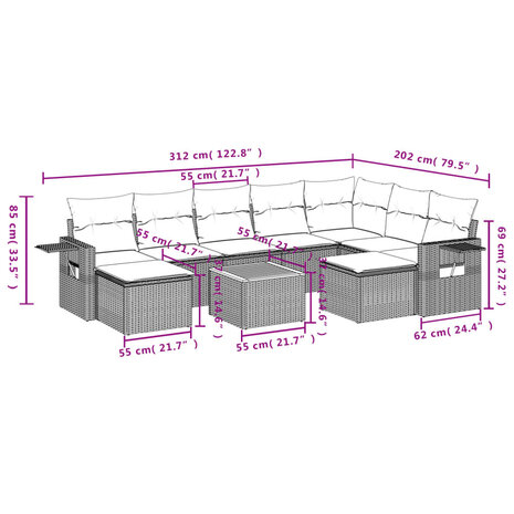 10-delige Loungeset met kussens poly rattan zwart
