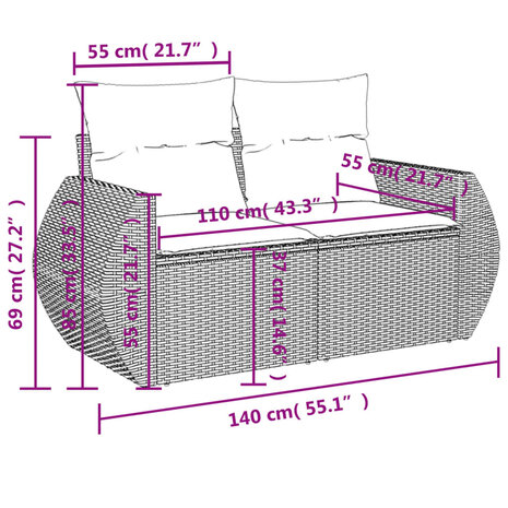 11-delige Loungeset met kussens poly rattan grijs