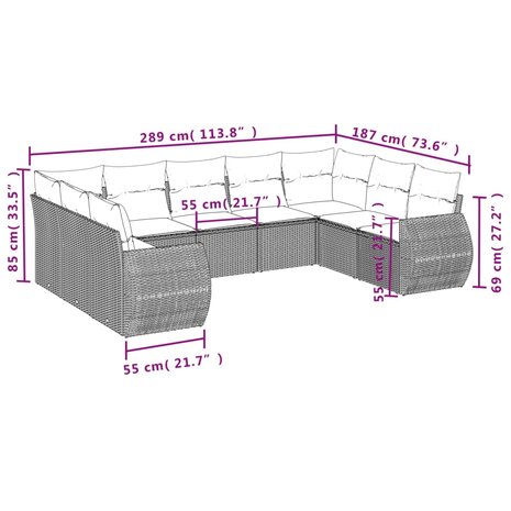 9-delige Loungeset met kussens poly rattan zwart