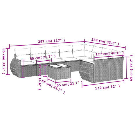 10-delige Loungeset met kussens poly rattan zwart