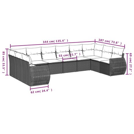 11-delige Tuinset met kussens poly rattan beige