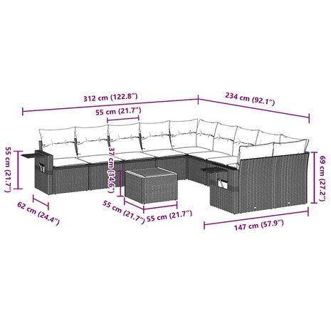 11-delige Loungeset met kussens poly rattan zwart