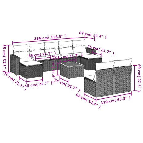 10-delige Loungeset met kussens poly rattan zwart