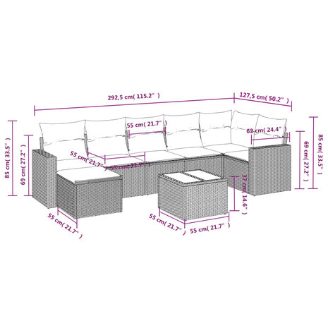 8-delige Loungeset met kussens poly rattan beige