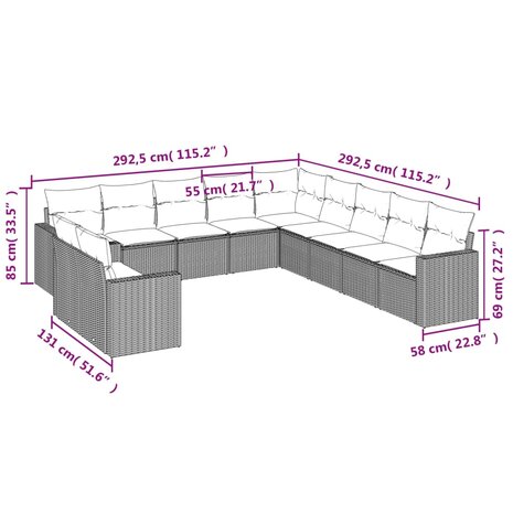 11-delige Tuinset met kussens poly rattan beige