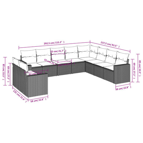 10-delige Loungeset met kussens poly rattan grijs