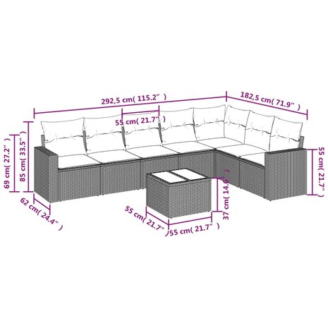 8-delige Loungeset met kussens poly rattan beige