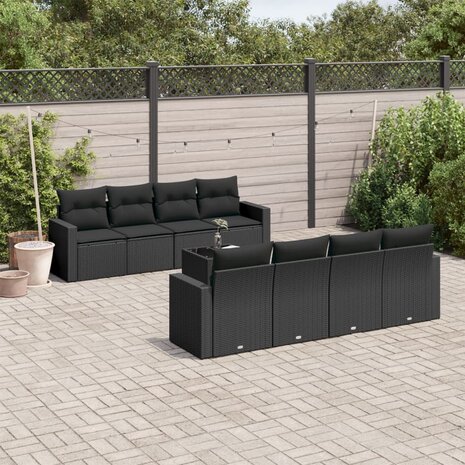 9-delige Loungeset met kussens poly rattan zwart