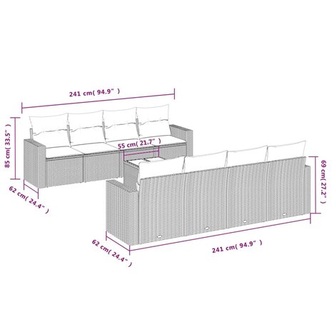 9-delige Loungeset met kussens poly rattan zwart