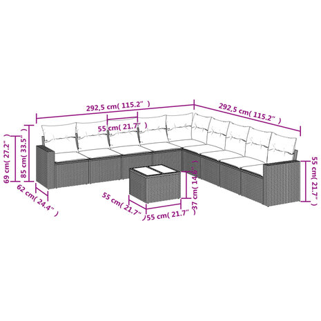 10-delige Loungeset met kussens poly rattan zwart