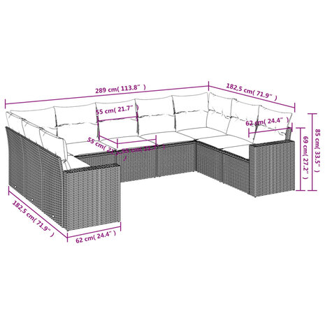 9-delige Loungeset met kussens poly rattan zwart