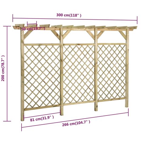 Tuinhek met latwerk en pergola 300x50x200 cm ge&iuml;mpregneerd hout