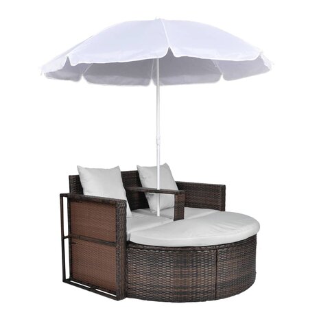 Tuinbed met parasol poly rattan bruin