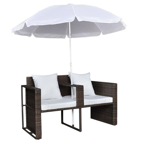 Tuinbed met parasol poly rattan bruin