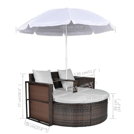Tuinbed met parasol poly rattan bruin
