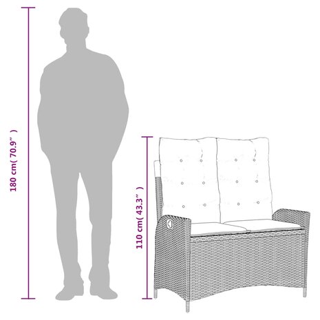 Tuinbankje verstelbaar met kussens poly rattan lichtgrijs