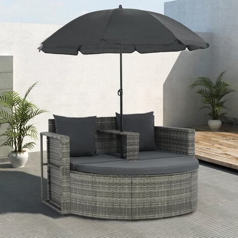 Tuinbank 2-zits met kussens en parasol poly rattan grijs