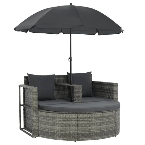 Tuinbank 2-zits met kussens en parasol poly rattan grijs