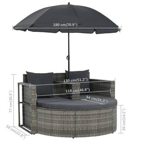 Tuinbank 2-zits met kussens en parasol poly rattan grijs