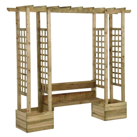Pergola met bank en plantenbakken ge&iuml;mpregneerd grenenhout