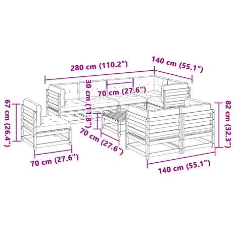 9-delige Loungeset met kussens massief douglas vurenhout