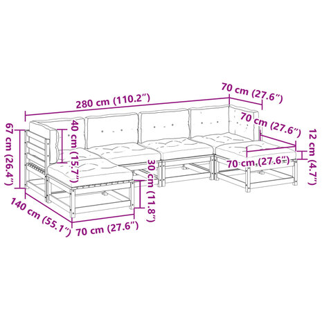6-delige Loungeset met kussens massief douglas vurenhout