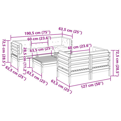 6-delige Loungeset met kussens massief douglas vurenhout