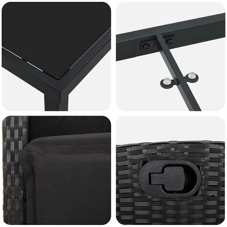 Tuin eettafelset met kussen 3 pcs Zwart poly rattan