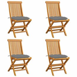 Tuinstoelen 4 st met grijze kussens massief teakhout