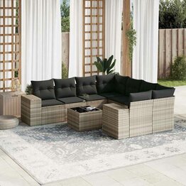 9-delige Loungeset met kussens poly rattan lichtgrijs