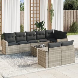 9-delige Loungeset met kussens poly rattan lichtgrijs