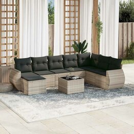 9-delige Loungeset met kussens poly rattan lichtgrijs