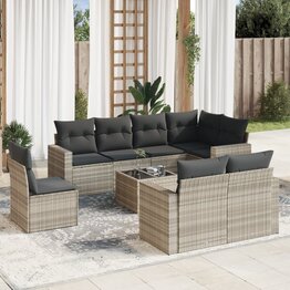 9-delige Loungeset met kussens poly rattan lichtgrijs