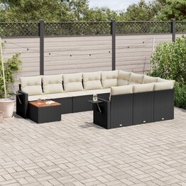 11-delige Loungeset met kussens poly rattan zwart