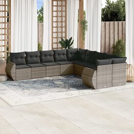 10-delige Loungeset met kussens poly rattan grijs