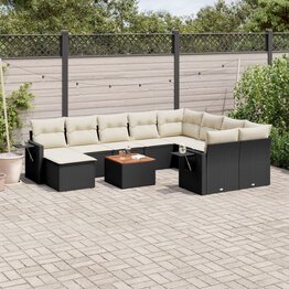 11-delige Loungeset met kussens poly rattan zwart
