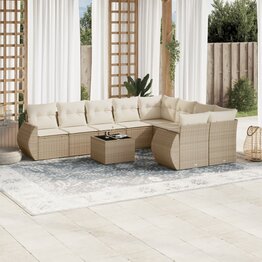 10-delige Loungeset met kussens poly rattan beige